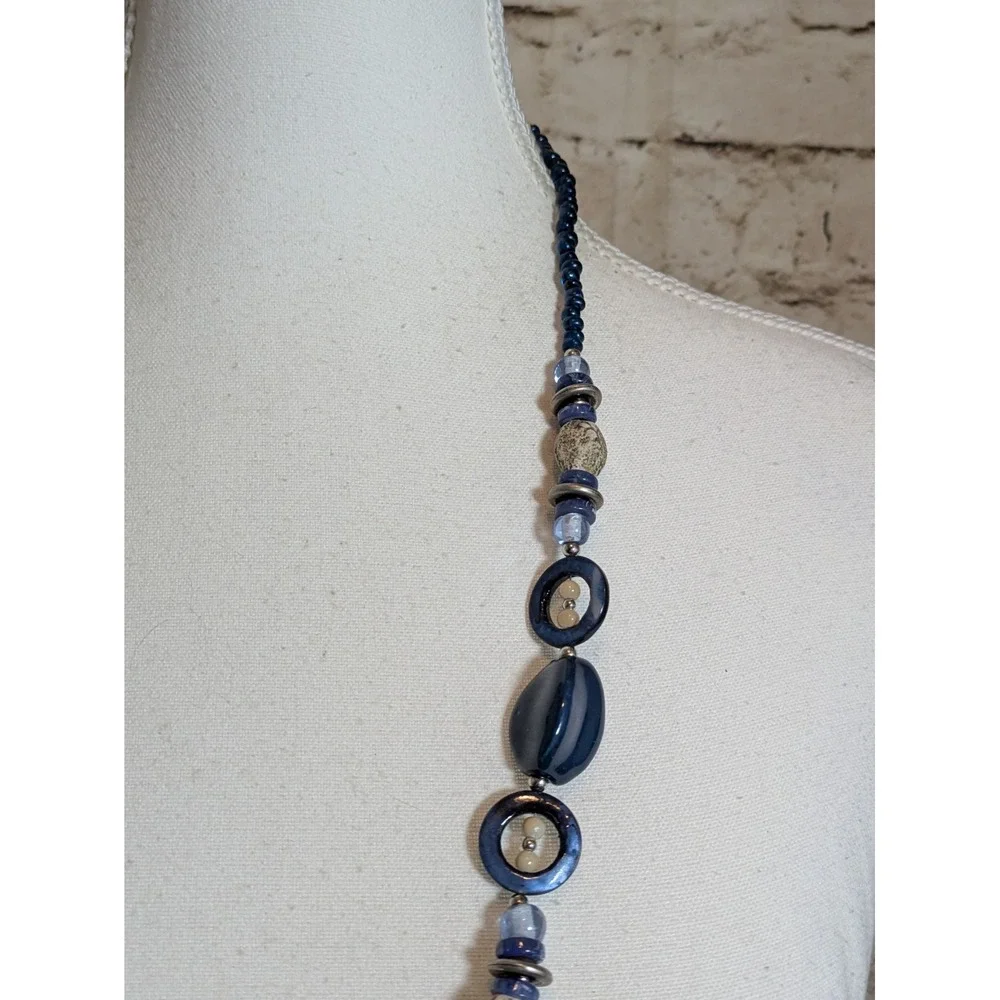 Long Artsy Beaded Necklace In Midnight Blue & Earthy Cream Colors Abstract 32